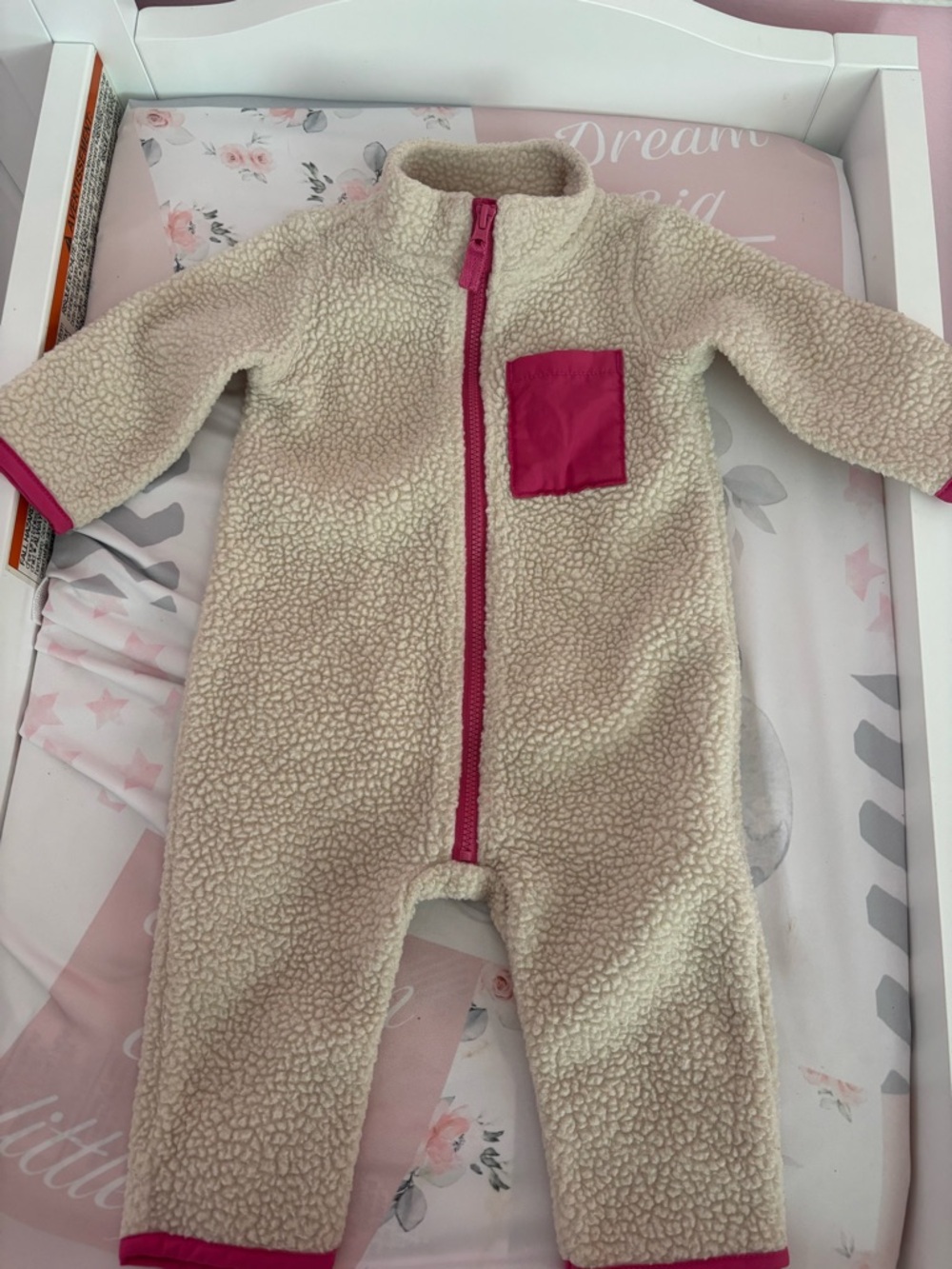 Carter's Cream Sherpa Footed One-Piece with Pink Trim